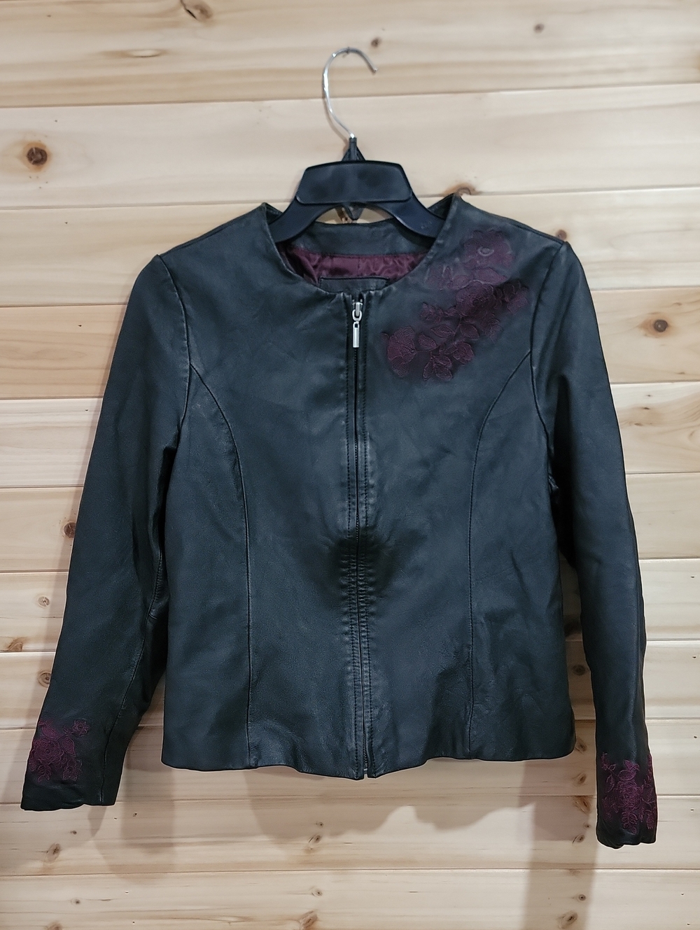 Jaclyn Smith Classic Black Leather Jacket with Burgundy Floral Appliqué